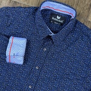 Buttercloth Shirt Mens M Blue Geometric Bubbles Splatter Dots Dress Flip Cuff
